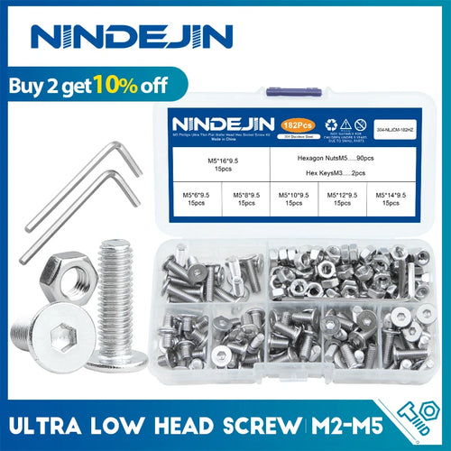 NINDEJIN Ultraflache Senkkopfschrauben-Set M2 M2.5 M3 M4 M5 Edelstahl Innensechskant Flachkopfschrauben mit Muttern Kit