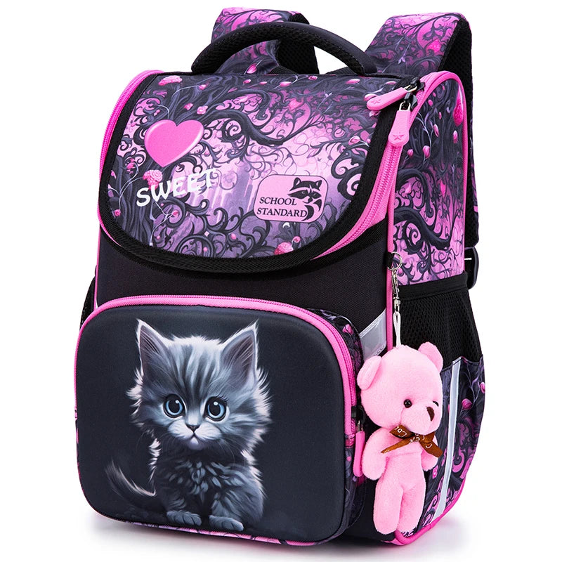 Orthopedic School Backpack For Girls Cartoon Cat Primary School Grade 1 Students Bags Kids Satchels Female Bookbag 7-9 Years