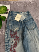 Men's Loose Fit Wide Leg Jeans Tribal Flame Embroidery Vintage Washed Denim Pants Streetwear Daily Wear