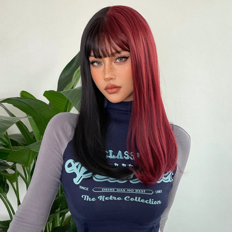 Wine Red and Black Medium Length Synthetic Wigs with Bangs Christmas Halloween Cosplay Hair Heat Resistant Fibre Two Tone Wig