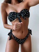 Front Tie Bandeau Bikini Swimwear Women Off Shoulder Black Dot Print High Let Bikinis Bathers Bathing Suit Thong Swimsuit 2022