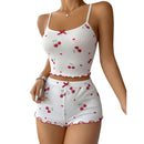 2-Piece Pajama Set for Women Cherry Print Bow Front Cami Top and Short Pajama Set Cute Soft Sleepwear