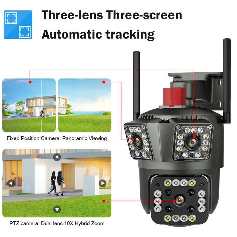 HD 8MP PTZ WiFi 4K  Camera 6K 12MP Three Screens 8X Zoom Security Protection Motion Human Detection Outdoor IP CCTV Survalance