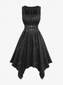 ROSEGAL Plus Size Gothic Dresses Black Vestidos Floral Jacquard Embroidered PU Straps Grommet Buckle Lace Up Handkerchief Dress