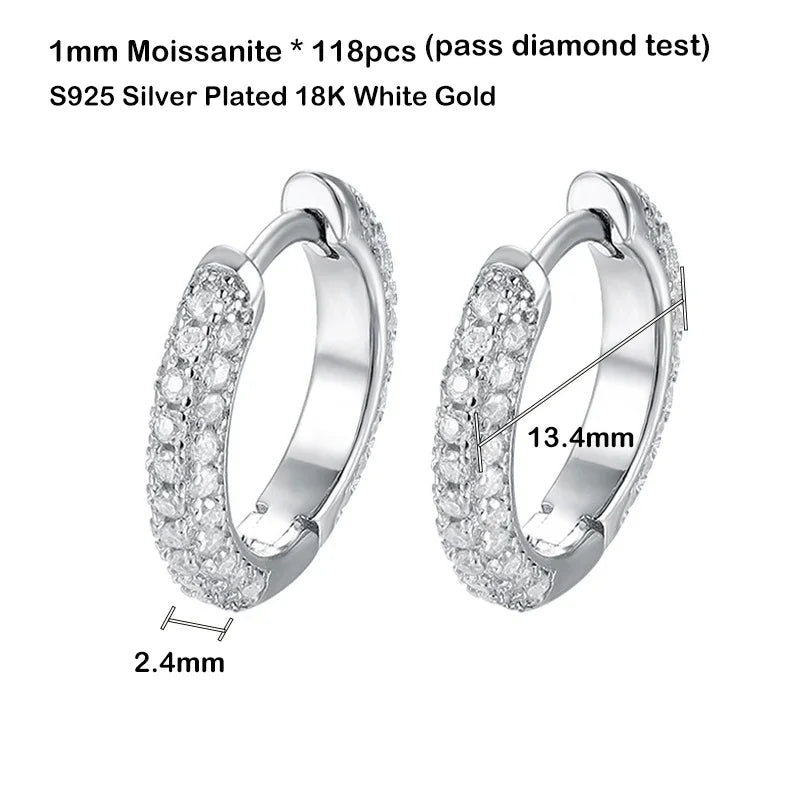 EWYA Luxury Designer 0.8cttw D Color Full 1mm Moissanite Hoop Earrings S925 Sterling Silver Earring For Women Party Fine Jewelry