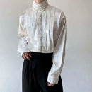 IEFB Chinese Pleated Stand Collar Jacquard Satin Trend Men's Shirt Long Sleeved Fashionable 2025 Spring Male Tops Solid Color