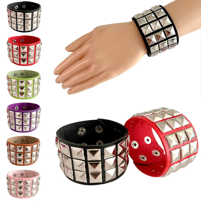 New Unique 3 Row Cuspidal Spikes Rivet Stud Wide Cuff Leather Punk Gothic Rock Unisex Bangle Bracelet Men Jewelry