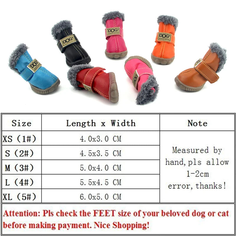 4Pcs/set Winter Pet Shoes Waterproof Thick Warm Leather Dog Shoes Non-slip Snow Boots for Puppy Cat Chihuahua Pug Pet Paw Care