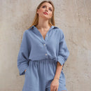 Cotton Pajamas For Women Sets Suit Casual Sleepwear Turn-Down Collar Nine Quarter Sleeve Sleep Tops Shorts Female Homewear 2023
