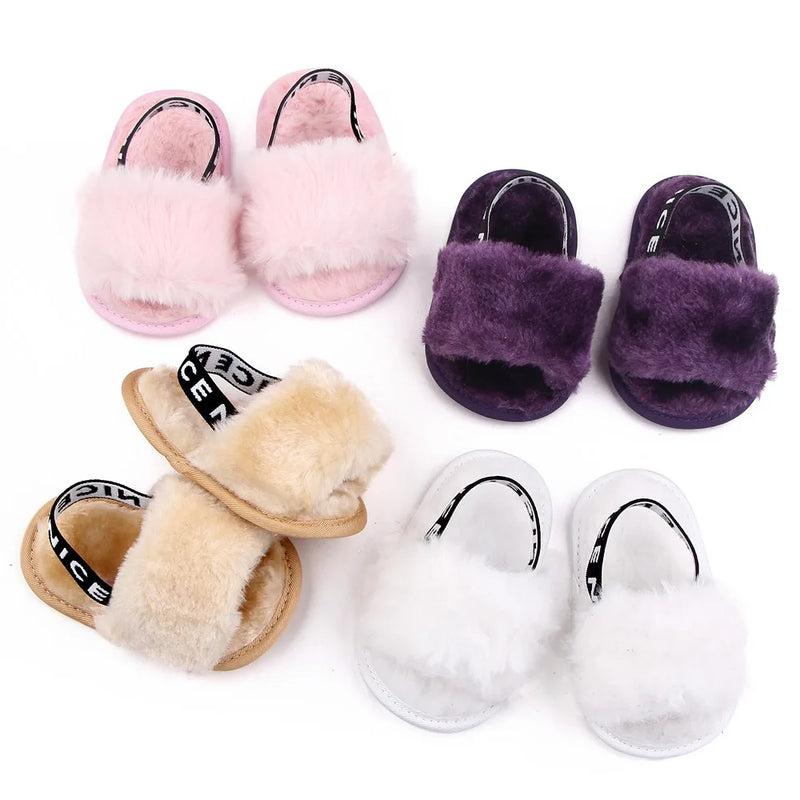 Infant Baby Girl Plush Sandals with Elastic Fit New Summer Cute Baby Girls Soft Sole Anti-Slip Newborn First Walker Crib Shoes