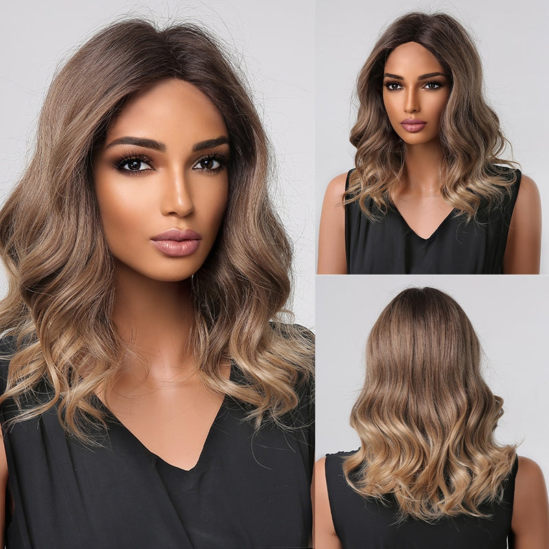 JONRENAU Middle Long Straight Hair with Bangs Ombre Brown to Blonde Wig Dark Roots Synthetic Wigs for Women Heat Resistance Hair