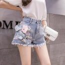 Korean Two Piece Sets Women Clothing Embroidery Short Sleeve White Tshirts High Waist Denim Shorts Outfits Casual Summer Y2k Set