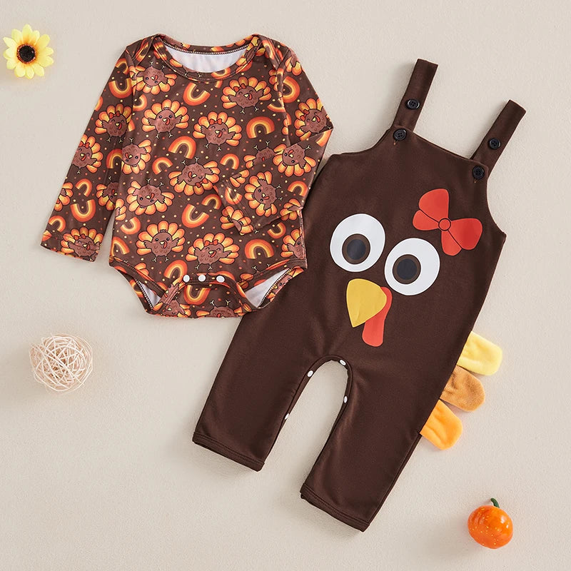 Baby Girl 2Pcs Thanksgiving Outfits Long Sleeve Turkey Print Romper Overalls Set Infant Clothing