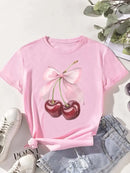 Neck Casual Tops for Summer Spring Women's Clothing Fashion Cherry Print Women T-Shirt Short Sleeve Crew