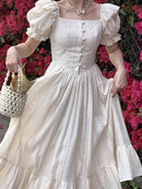 Elegant Women's Square Neck White Dress Summer French Fashion Bubble Sleeves with Ruffle Edge Women Unique Retro Long Dress New