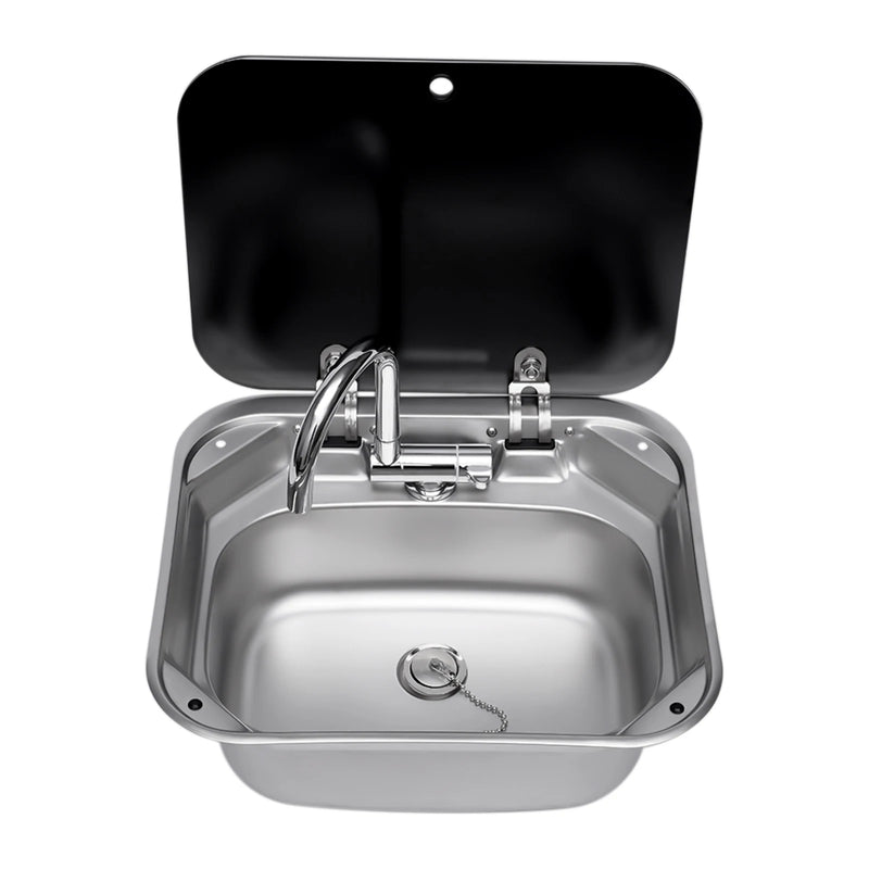 Steel Hand Wash Basin Sink with tap with Folded Faucet Tempered Glass Lid van Camper Trailer Accessories for RV Caravan or Boat
