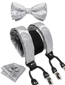 DiBanGu Mens Adjustable Silk Suspenders Bow Tie Cufflinks Pocket Square Set Metal Clips Y back Elastic Braces Wide Strap 3.5CM