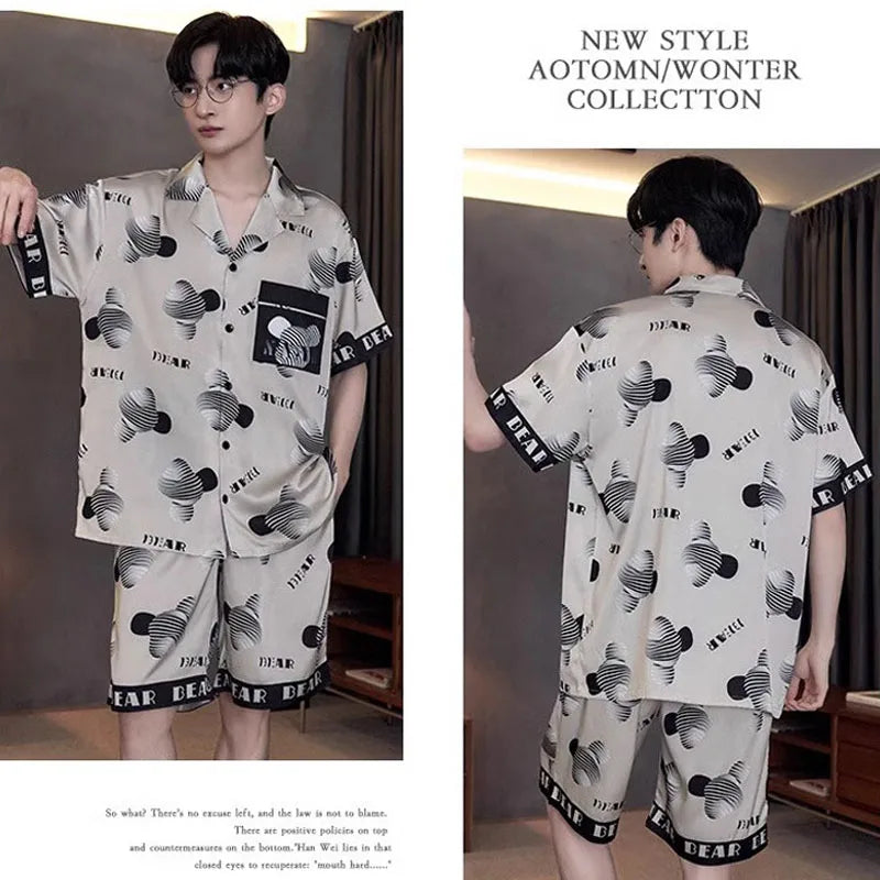 2PCS/Set Plus Size Men Pajamas Short-Sleeved Shorts Casual Buttons Student Teenage Homewear Letters Three-Dimensional Bear Cardi