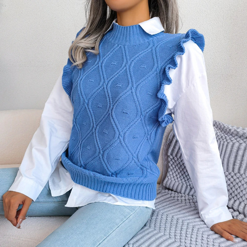 Women Casual Ruffles Sleeveless Pullovers Knitted Sweater Vest Autumn Winter 2023