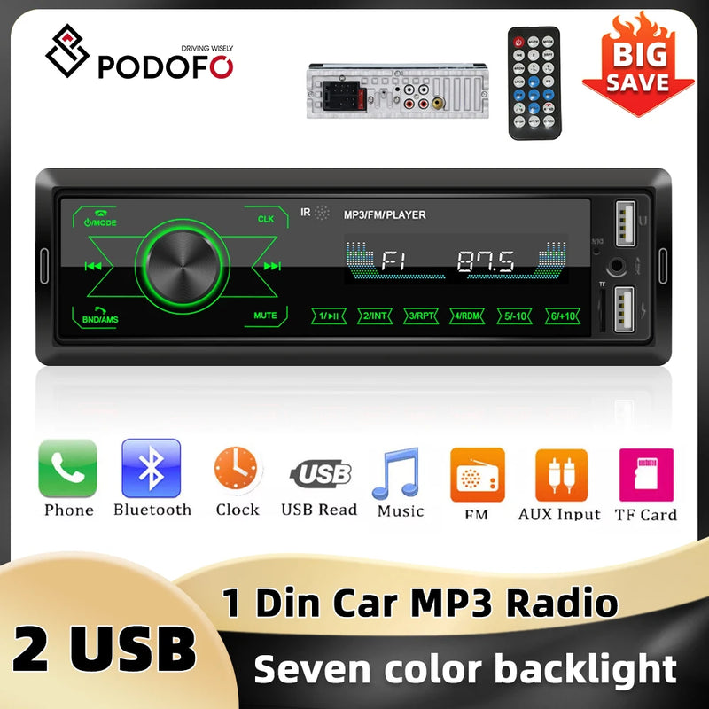 Podofo 1Din Double USB MP3 Player ISO Port Car Radio Key Touch USB 4 Channel Audio Output Bluetooth Remote Control Car Stereo