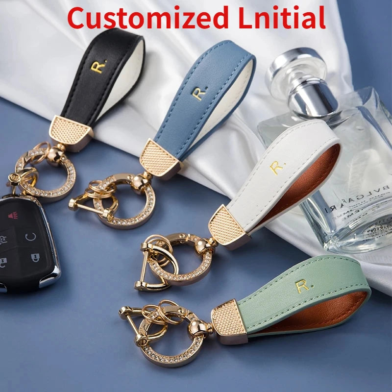 Luxury Metal Leather Car Key Chain Pendant Split Keychain Rhinestone Ring For Woman Man Girly Strap Fashion Keyring Accessories