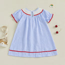 Girls Short Sleeve Plaid Embroidery Dress with Crew Neck Perfect Back-to-School Outfit for Summer Wear