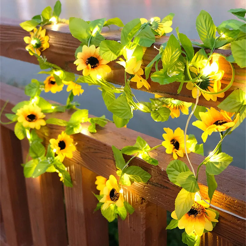 Artificial Flower Green Leaf String Lights Battery Powered Christmas Decorations for Home Tree Garland Light Weeding Party Decor