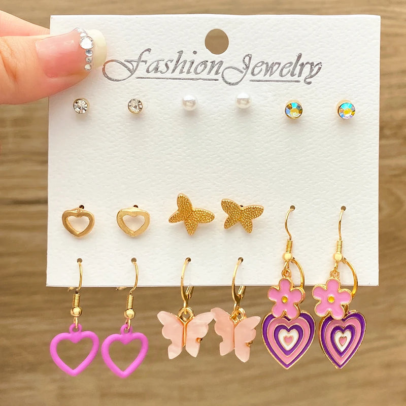 EN 18Pcs Pearl Butterfly Drop Earrings Sets Metal Gold Color Twist Earrings for Women Vintage Heart Leaf Circle Fashion Jewelry
