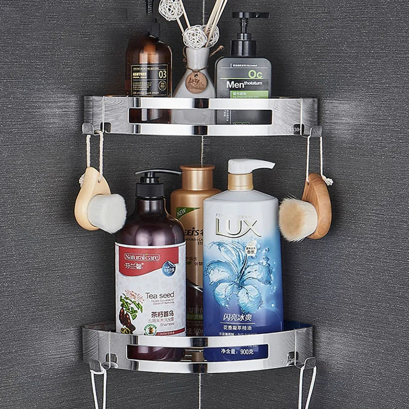 Corner Bathroom Shelves Shampoo Holder Wall Hooks Hanger Rack Polished Silver Stainless Steel Shower Caddy Toilet Accessories