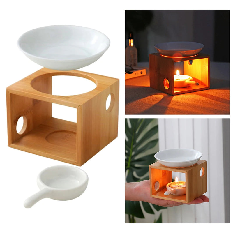 Ceramic Candle Holder Essential Oil Burner Diffuser Furnace Warmer Tealight Candle Wood Base Lamp Porcelain Living Room Decor