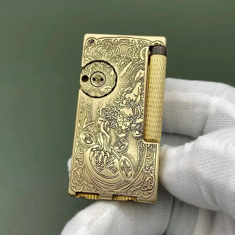 New Double Oil Compartment Lifting Arm Kerosene Lighter Hand Carved Side Pulley Brass Lighter Men's Collection Gift