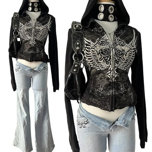 New gothic rhinestone print hip hop Harajuku zipper hoodie American retro design classic punk slim hottie black jacket y2k