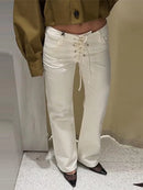 Elegant Women's Low Rise White Denim Jeans With Waist-Tie Design Comfortable Fit Straight Leg Pant Casual Daily Female Trousers