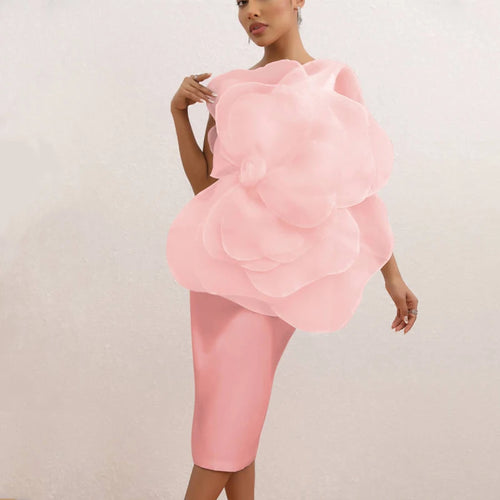 New sexy solid color decoration, three-dimensional floral dress, women's diagonal shoulder, party dress, medium length style
