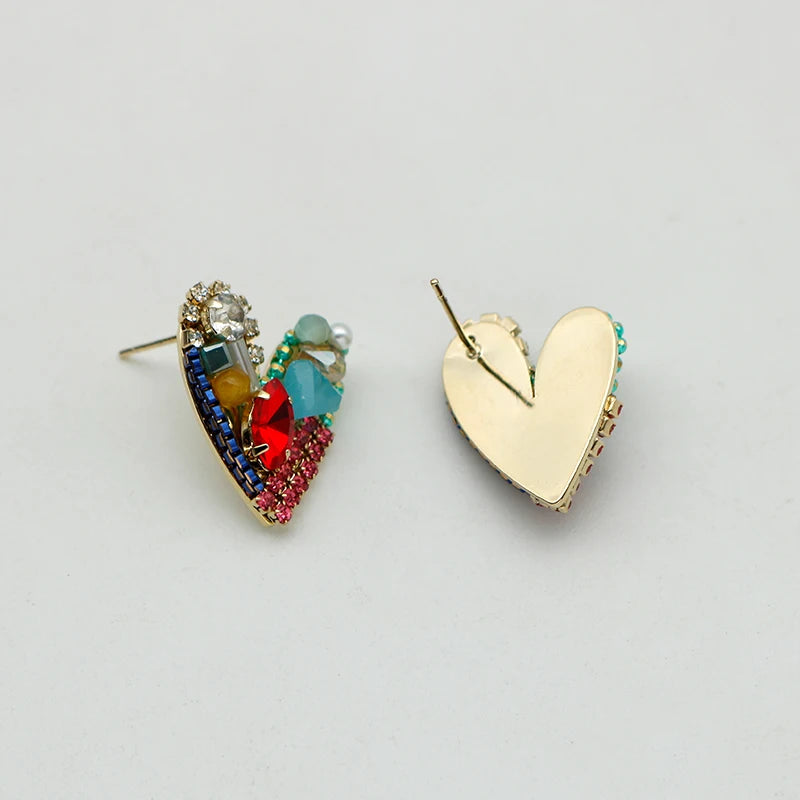 Multi Color Heart Earrings For Women Copper Glass Beads Cluster Metal Post Studs Fashion New Style Jewelry Girl Party Gift C1220