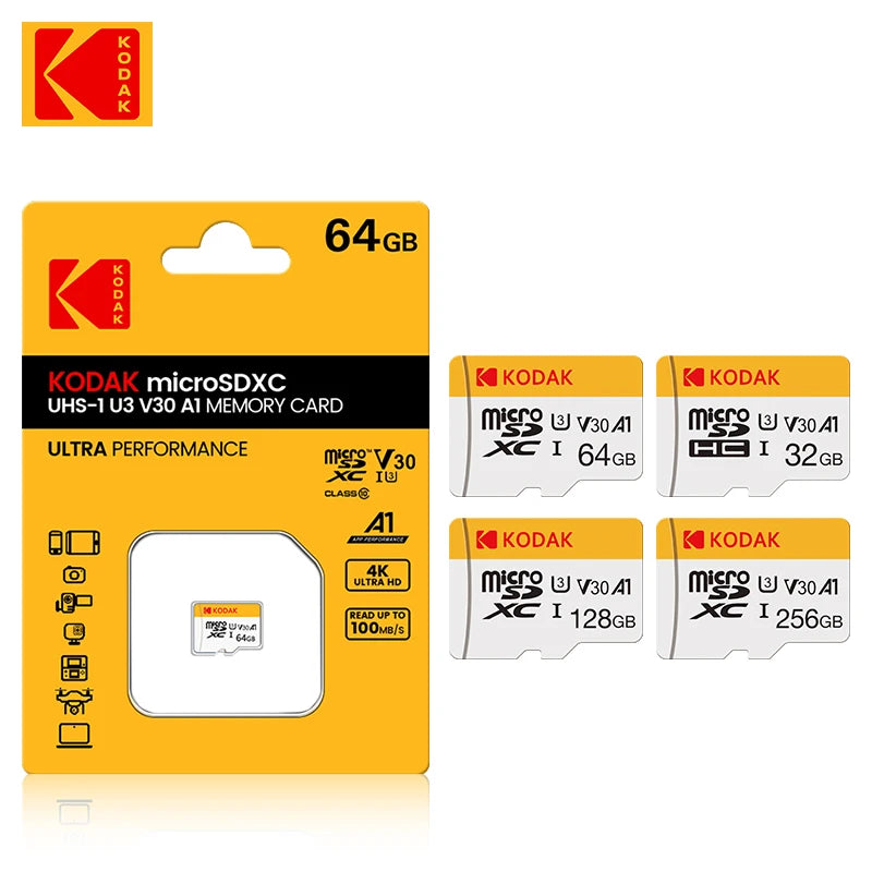 KODAK MicroSD Memory Card 128GB 256GB UP TO 100MB/s Class10 U3 32GB 64GB TF Card 4K HD with Card Reader Adapter Microsd for PC