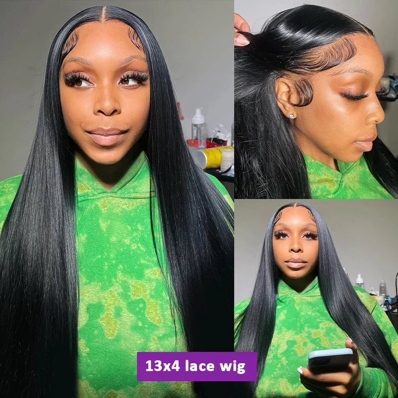200 Density 13x4 Natural Black Bone Straight Brazilian Virgin Hair HD Transparent Lace wig Frontal Wigs Pre plucked Wigs 32 Inch