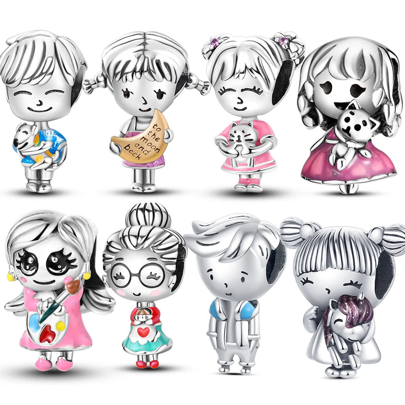 Silver Plated Boy Girl Couple Lovers Beads Charms Zirconium Dangle Fit Original Pandora Bracelet Necklace Jewelry Women