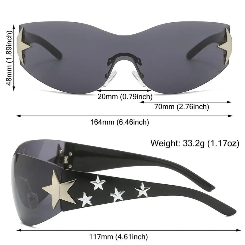 Rimless Y2K Sunglasses for Women and Men Star Wrap Around Sun Glasses Trendy Cool Black Sunglasses Fashion Shades for Outdoor