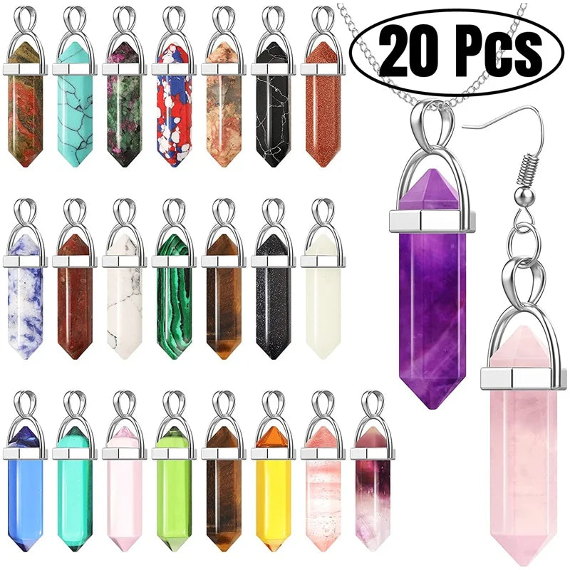 20 Pcs Hexagonal Crystal Pendant Bullet Shape Gemstone Pendant Healing Crystal Stone Charms for Necklace Earrings Jewelry Making