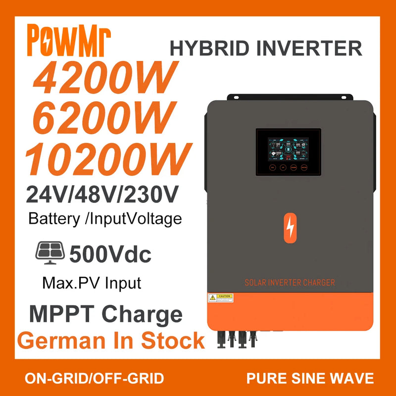 Hybrid Storage Power Inverter Grid Tie 4.2KW 6.2KW 10.2KW MPPT Charge Controller 120A 160A DC 24V 48V To 220VAC Solar PV 500Vdc