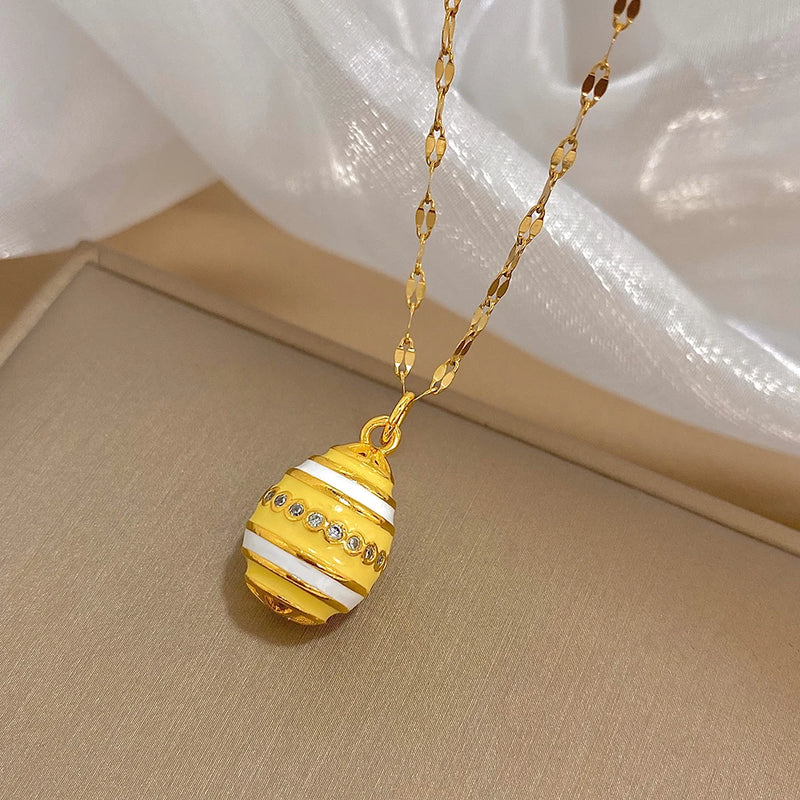Greatera Colorful Enamel Easter Egg Pendant Necklaces for Women Guilloche Locket Egg Gold Plated Chain Necklaces Party Jewelry