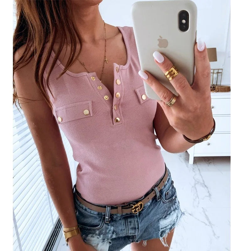 Metal Button Slim Tank Top Women Sexy Round Neck Sleeveless T-Shirt Summer Every Day Solid Top