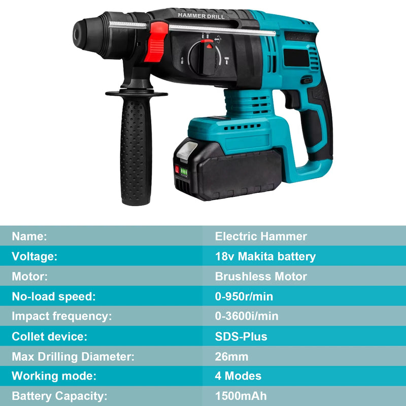 26MM Brushless Electric Hammer Drill Multifunctional Cordless Rotary Hammer Impact Drill Power Tool For Makita 18V Battery
