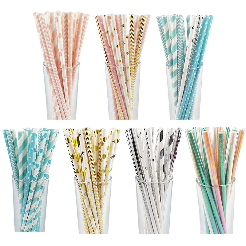 25pcs Rose Gold Paper Straws Strip Dot Drinking Straw Disposable Tableware Party Supplies Wedding Birthday Party Decoration Kids