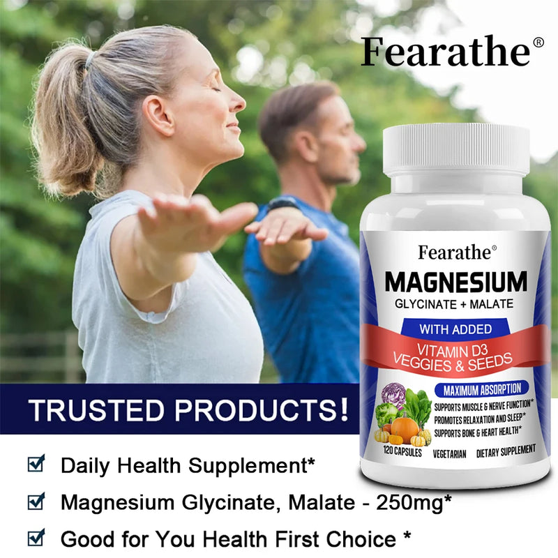 Magnesium Glycinate & Malate Complex, Vitamin D3, Max Absorption - for Bone Heart Sleep Nerve Muscle 120 Veggie Capsules
