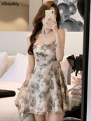 Minikleider Damen Vintage Floral Temperament Hohl Sommer Französischer Stil Ästhetische Party Schicke Streetwear Zarte Ärmellos Casual
