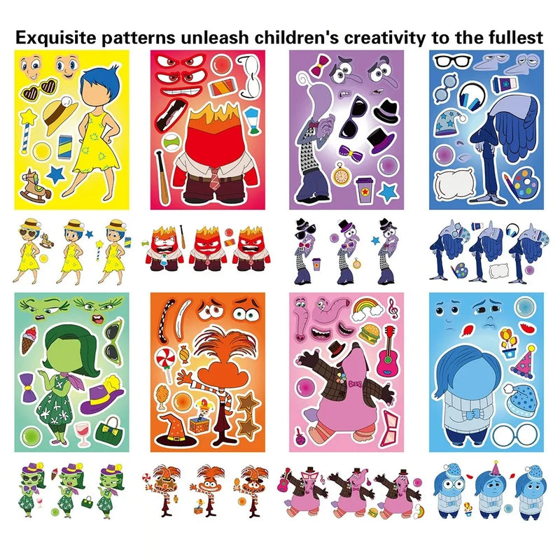 8/16Sheets Disney Inside Out Fantasy Animated Puzzle Sticker DIY Phone Laptop Luggage Skateboard Graffiti Decals Fun for Gift