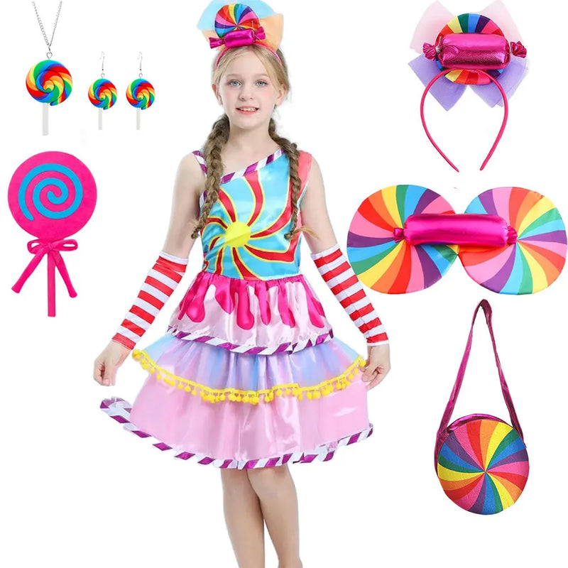 Candy Fairy Costume Girls Lollipop Cosplay Dress Toddler Carnival Purim Rainbow Vestidos Christmas Party Princess Clothing Gown