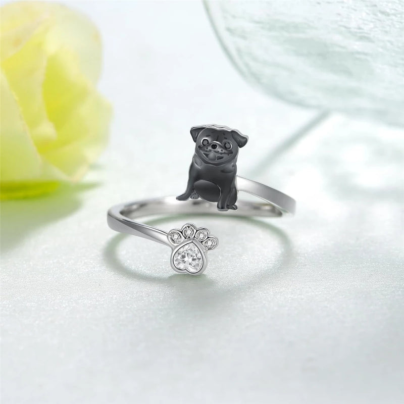 1Pc Cute Black Pug Dog Paw Open Ring Exquisite Women's Dog Jewelry Fashion Daily Accessories Perfect Gift for Dog Lovers